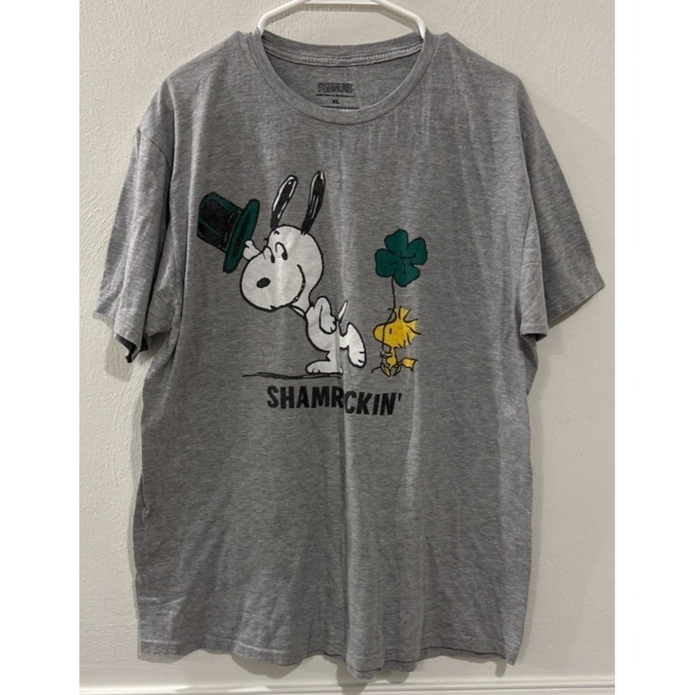 Peanuts Snoopy Woodstock T-Shirt Mens XL Gray Shamrockin St Patrick's Day Tee